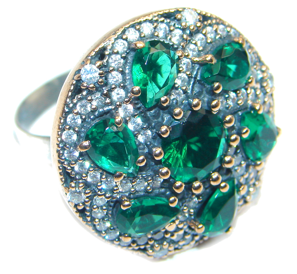 Victorian Style created Emerald & White Topaz Copper over Sterling Silver ring; s. 9