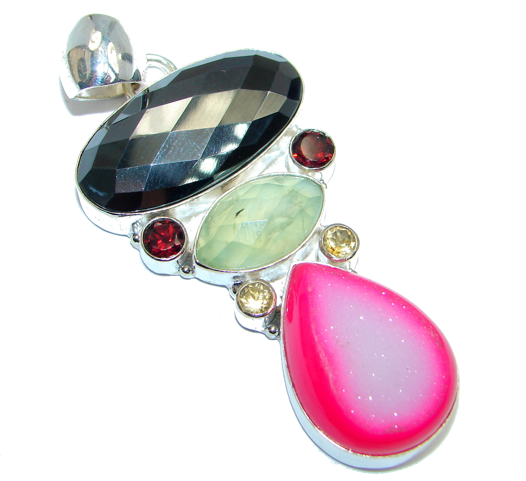 Natural Druzy Agate Prehnite Hematite Sterling Silver Pendant