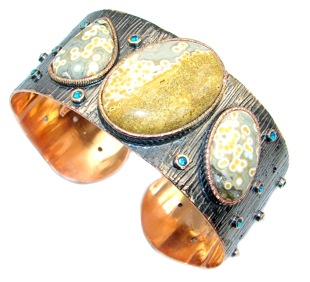 One of the kind Ocean Jasper Swiss Blue Topaz Gold Rhodium plated over Sterling Silver handmade Bracelet