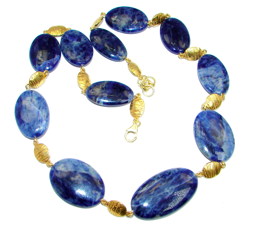 Huge Genuine Brazilian Blue Sodalite Gold plated over Sterling Silver handmade necklace