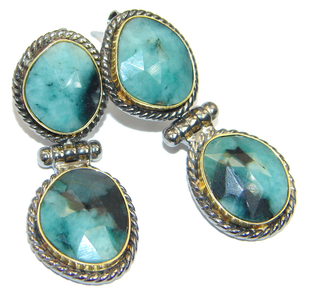 Trendy Fashion Emerald Gold Rhodium plated over Sterling Silver handmade earrings