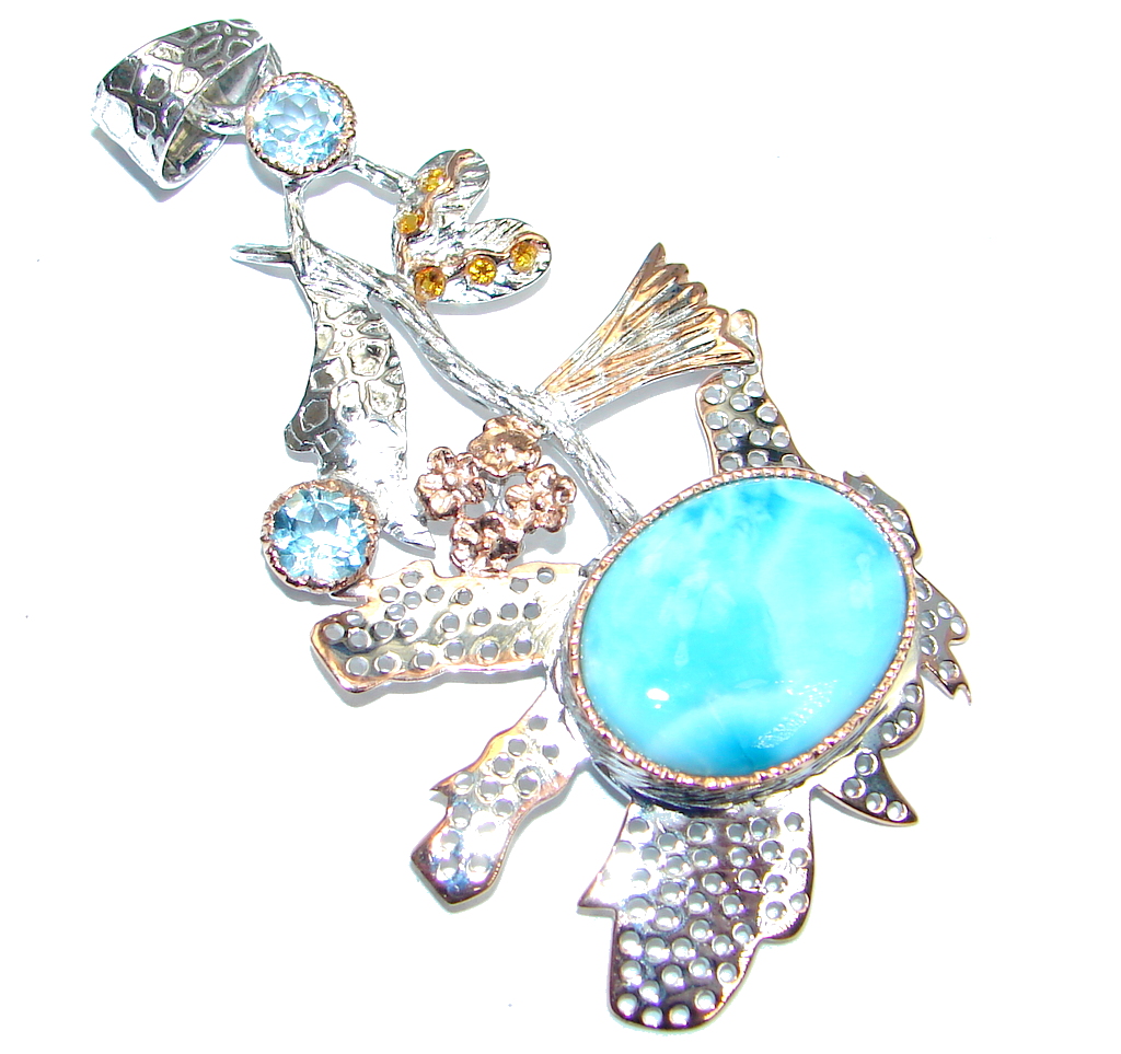 Larimar Sapphire Topaz Rose Gold Rhodium plated over Sterling Silver handmade Pendant