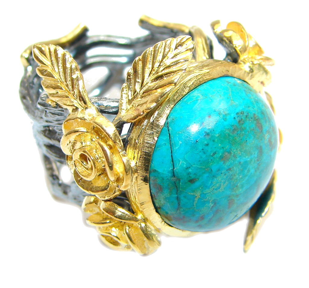 Stone Of Harmony Parrots Wing Chrysocolla Gold Rhodium plated over Sterling Silver ring s. 8 1/4
