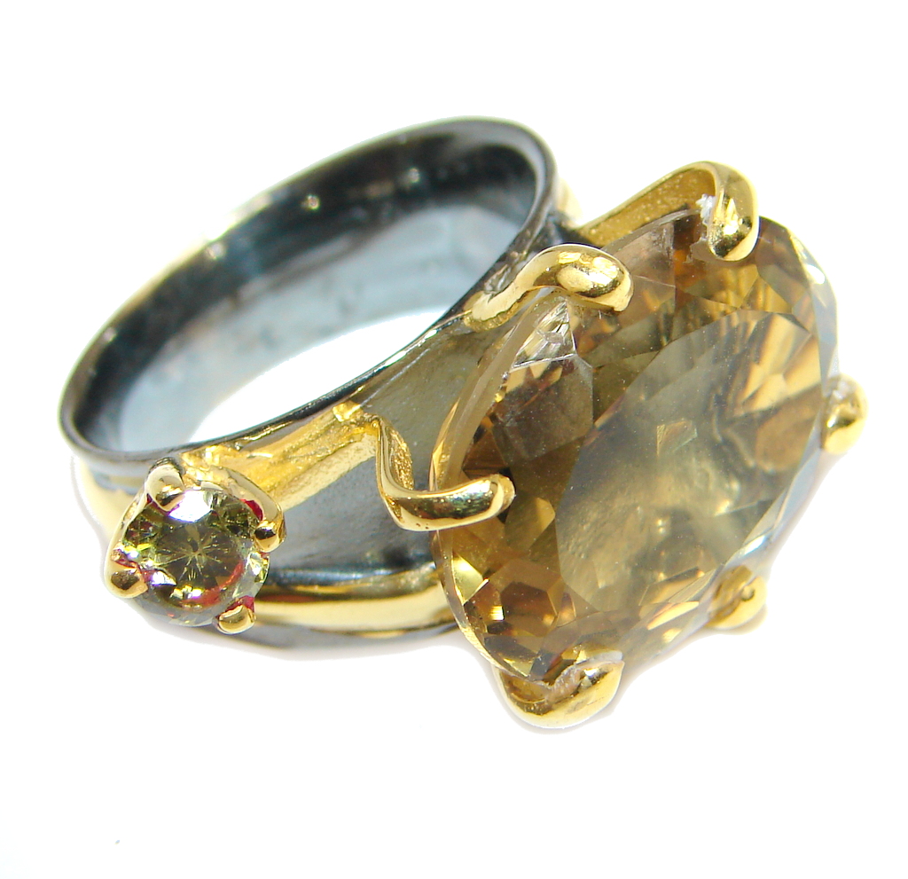 Beautiful Champagne Smoky Topaz Gold Rhodium plated Sterling Silver Ring s. 8