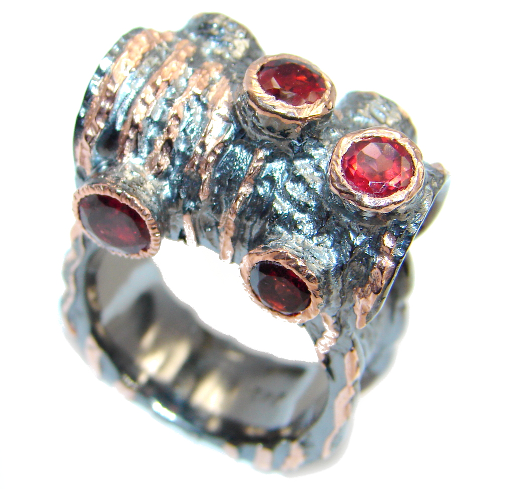 Genuine Garnet Rose Gold Rhodium plated over Sterling Silver handmade Ring 9 3/4