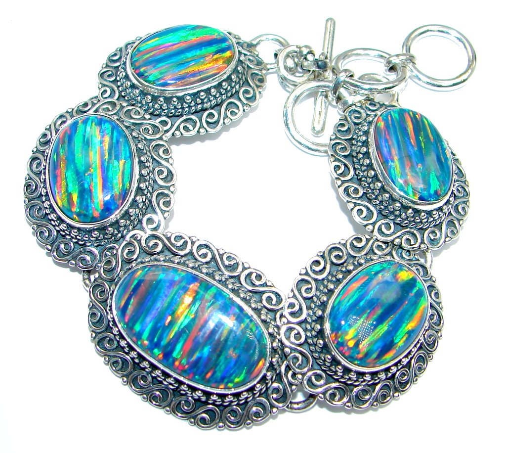 Solid Lab. created Fire Labradorite Sterling Silver handmade Bracelet