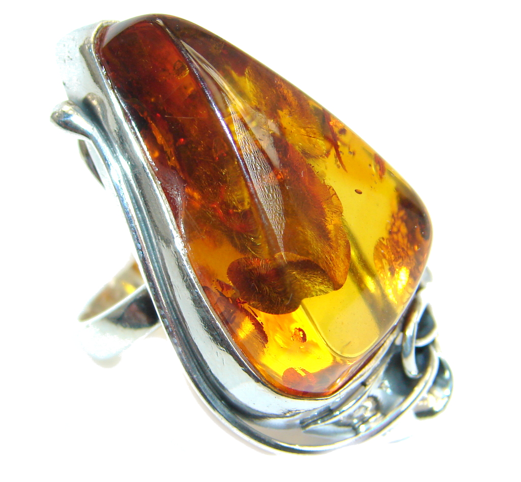 Huge Genuine Baltic Polish Amber Sterling Silver handmade Ring size 6 1/4