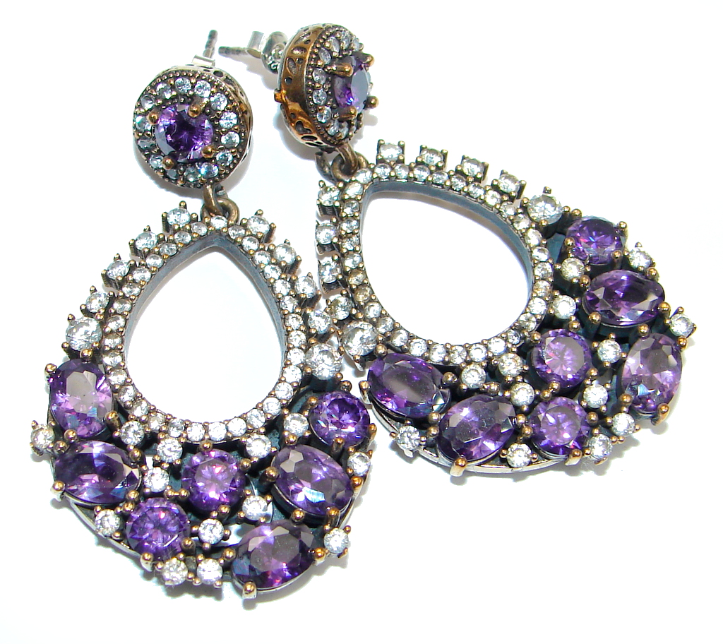 Victorian Style created Sapphire & White Topaz Sterling Silver stud earrings
