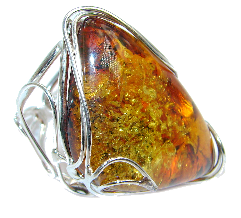 Huge Genuine Baltic Polish Amber Sterling Silver handmade Ring size adjustable