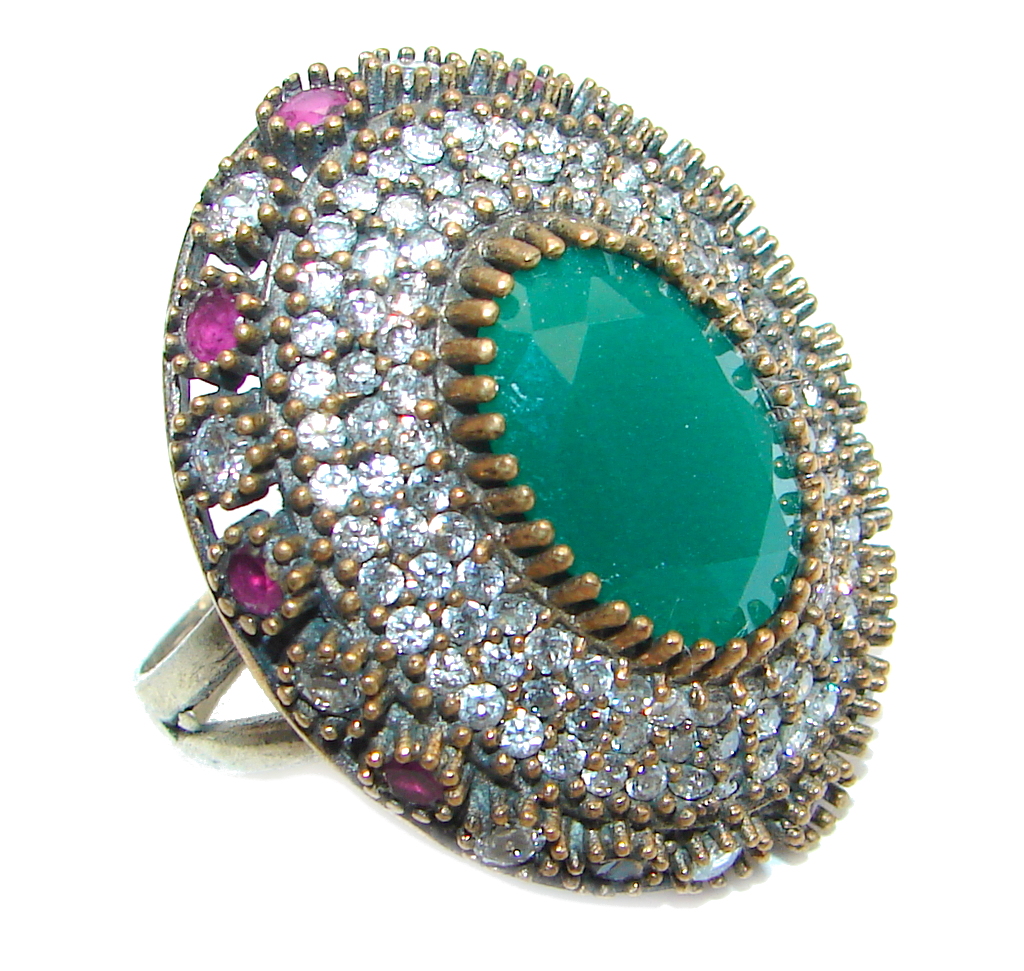 Victorian Style created Emerald & White Topaz Copper over Sterling Silver ring; s. 7 3/4