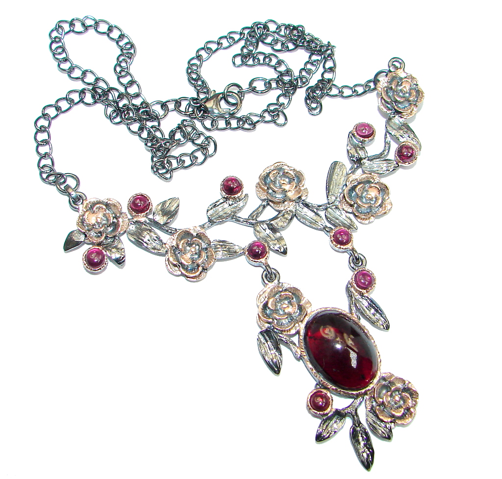 Vintage Style genuine Garnet Gold Rhodium plated over Sterling Silver handmade necklace