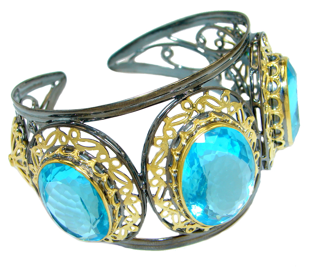 Luxury Swiss Blue Topaz Gold Rhodium plated over Sterling Silver Bracelet / Cuff