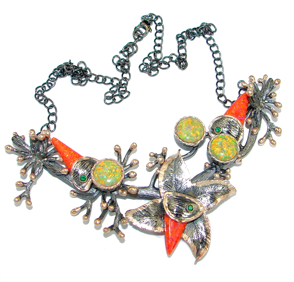 Exclusive craeted Fire Japanese Fire Opal Emerald Sterling Silver handmade Necklaces