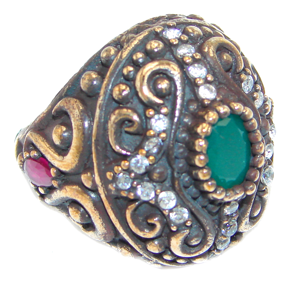 Victorian Style created Emerald & White Topaz Copper over Sterling Silver ring; s. 9