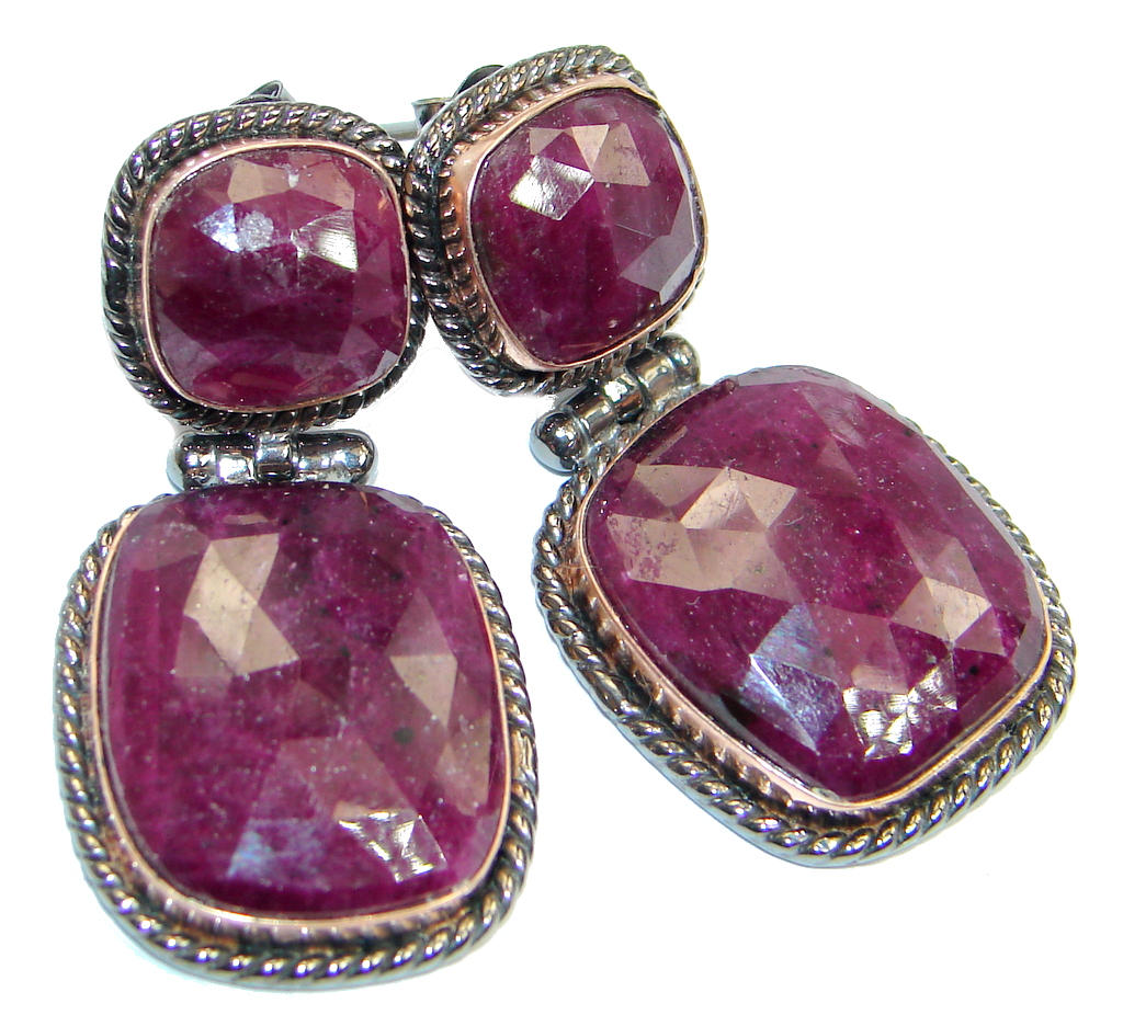 Trendy Fashion Ruby Gold Rhodium plated over Sterling Silver handmade earrings