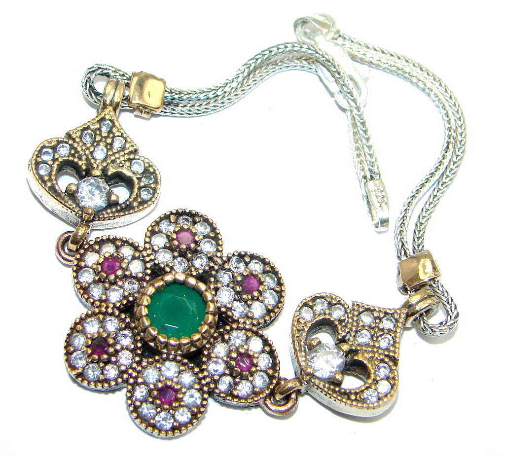 Victorian Style created Emerald & White Topaz Sterling Silver Bracelet