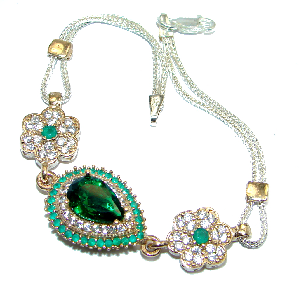 Victorian Style created Emerald & White Topaz Sterling Silver Bracelet