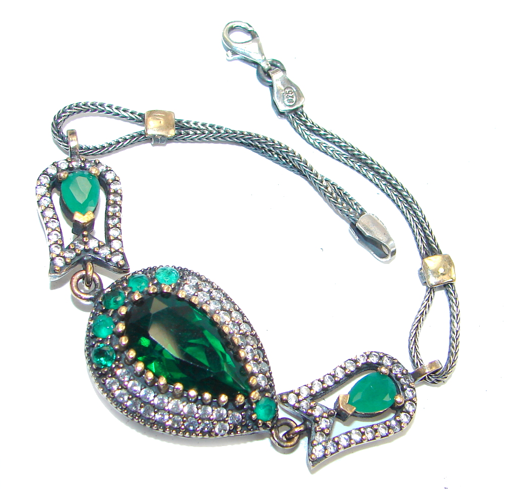 Victorian Style created Emerald & White Topaz Sterling Silver Bracelet