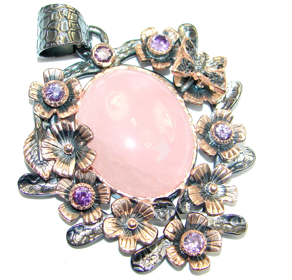 Vintage Style Rose Quartz Rose Gold Rhodium plated over Sterling Silver Pendant