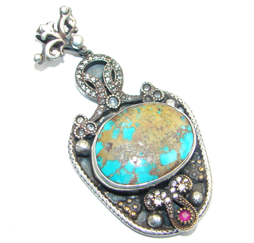 Big! Vintage Style Genuine Turquoise Ruby Sterling Silver Pendant