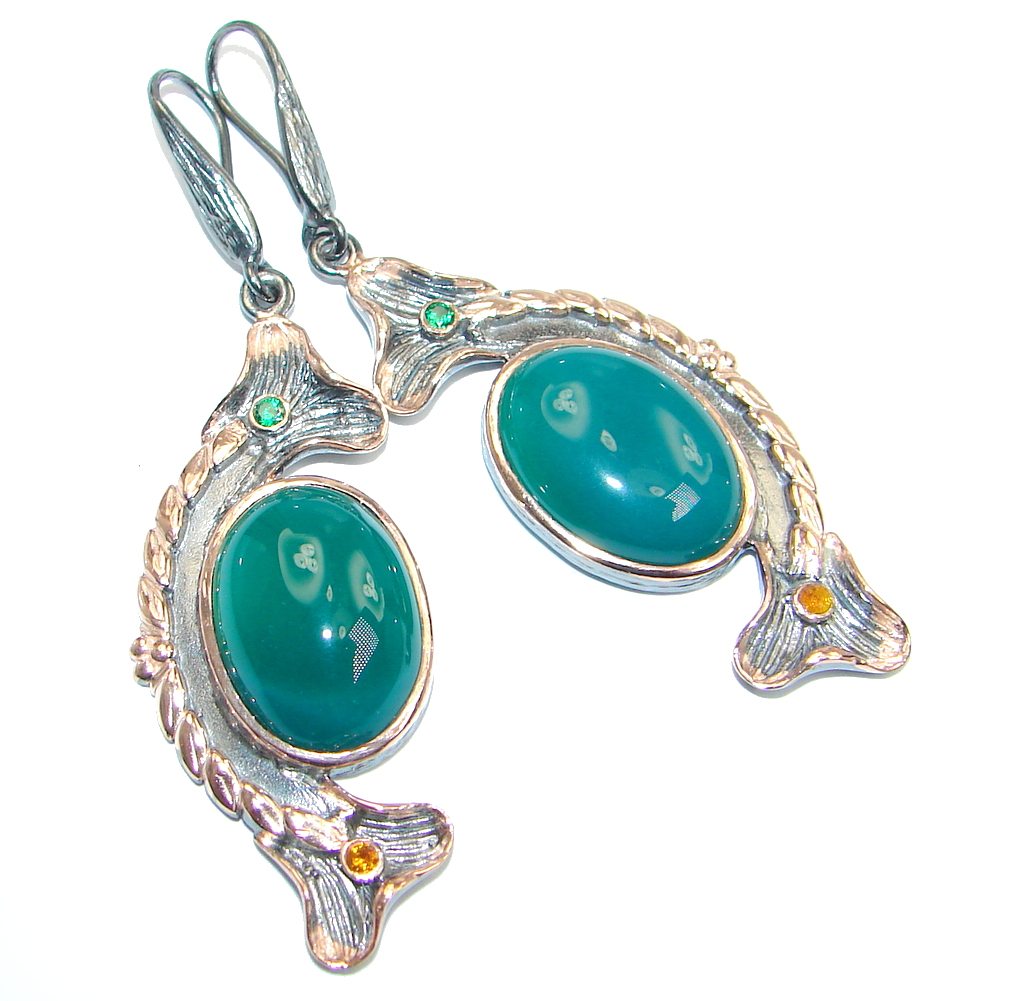 Green Agate Gold Rhodium plated over Sterling Silver handmade earrings