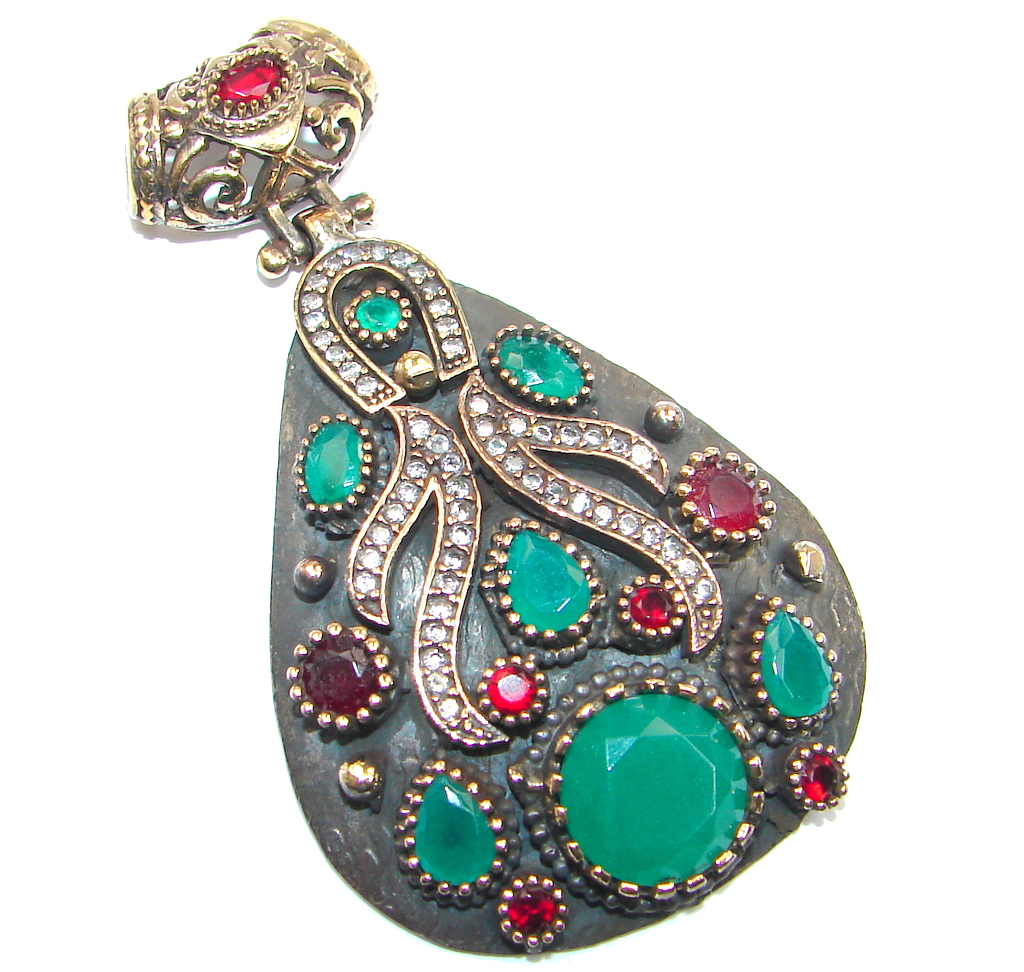 Victorian Style created Emerald Two tones Sterling Silver Pendant