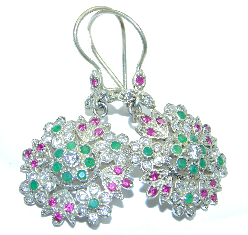 Victorian Style created Emerald Ruby Sterling Silver earrings