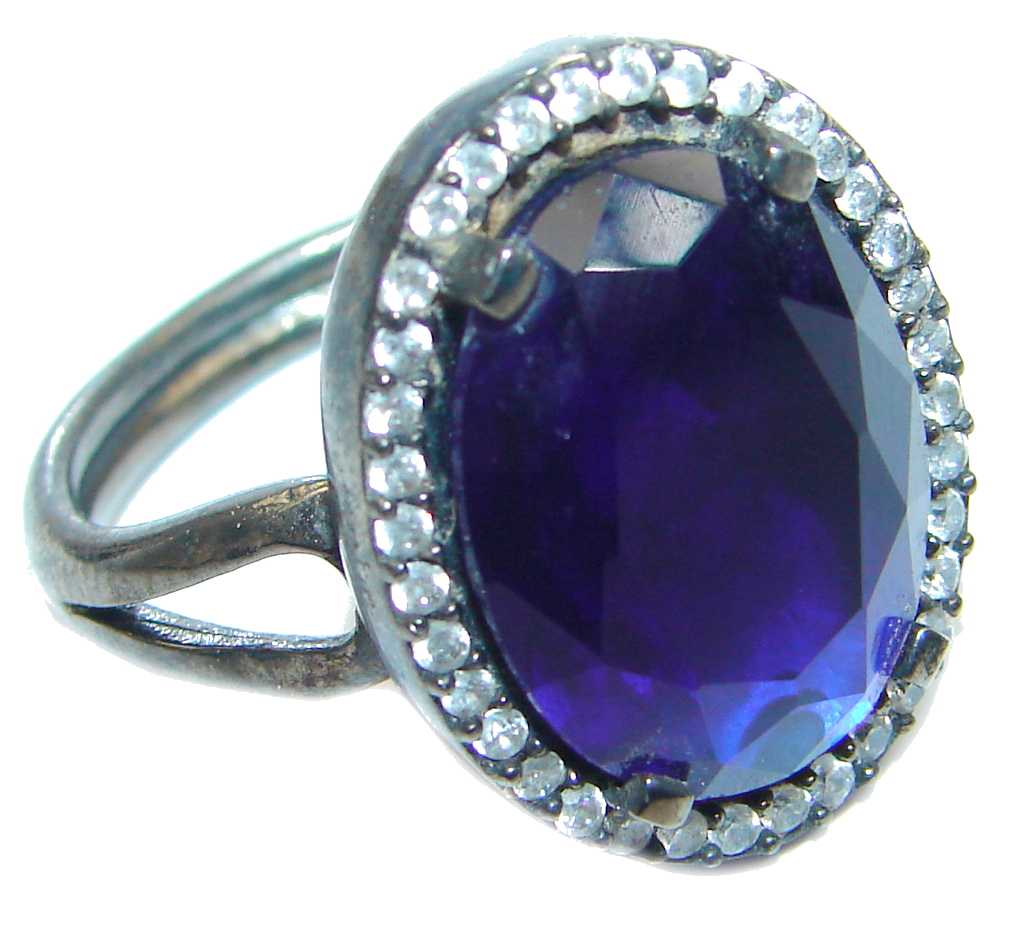 Created Blue Sapphire & White topaz Sterling Silver Ring s. 9