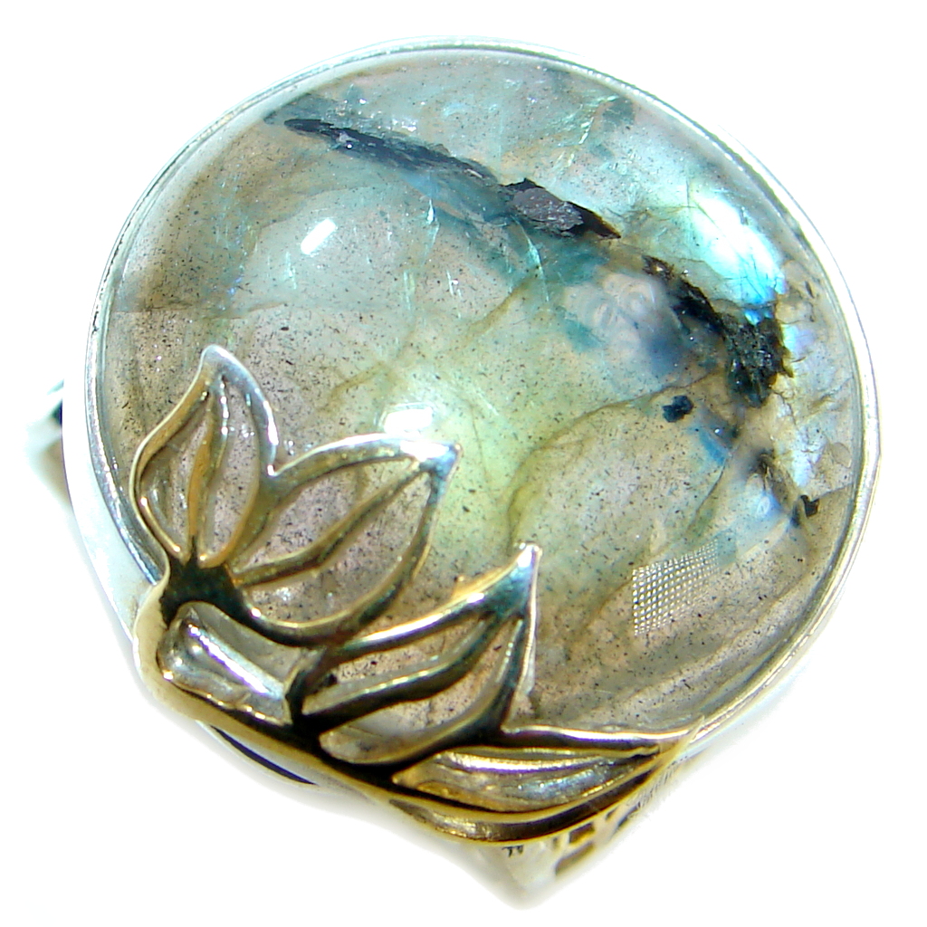Blue Aura Fire Labradorite Gold plated over Sterling Silver ring size adjustable