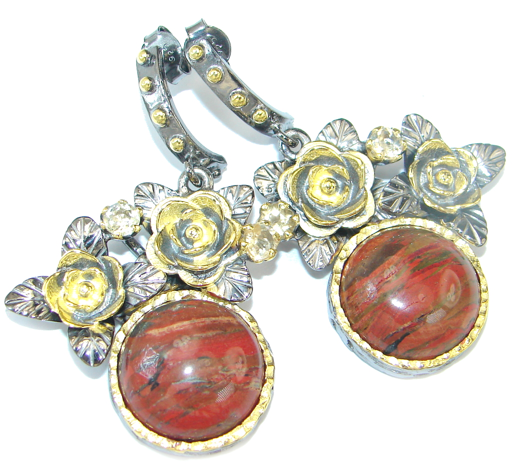Red Creek Jasper Rose Rhodium plated over Sterling Silver handcrafted Earrings