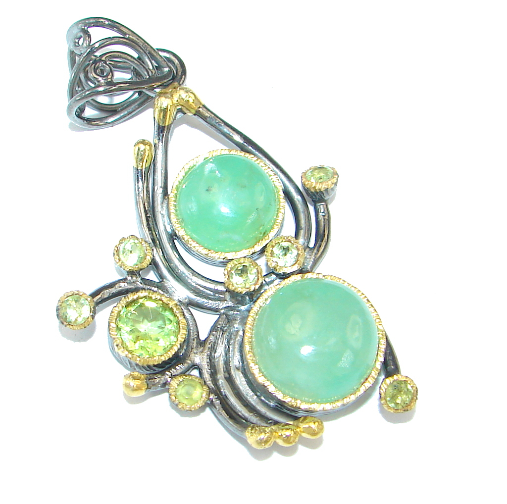 Natural Chrysophrase Peridot Gold Rhodium plated over Sterling Silver handmade Pendant