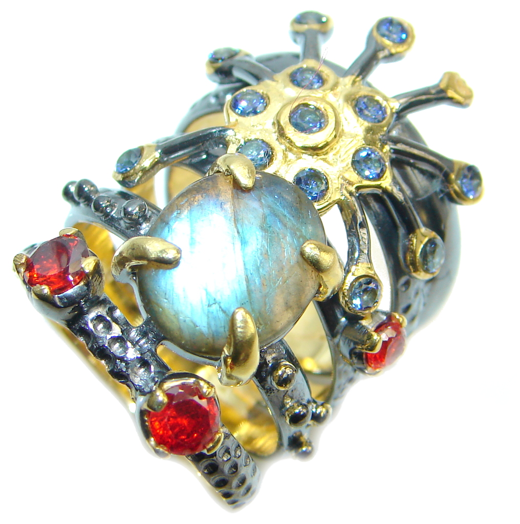 Blue Aura Fire Labradorite Rhodium Gold plated over Sterling Silver ring size 7 1/2