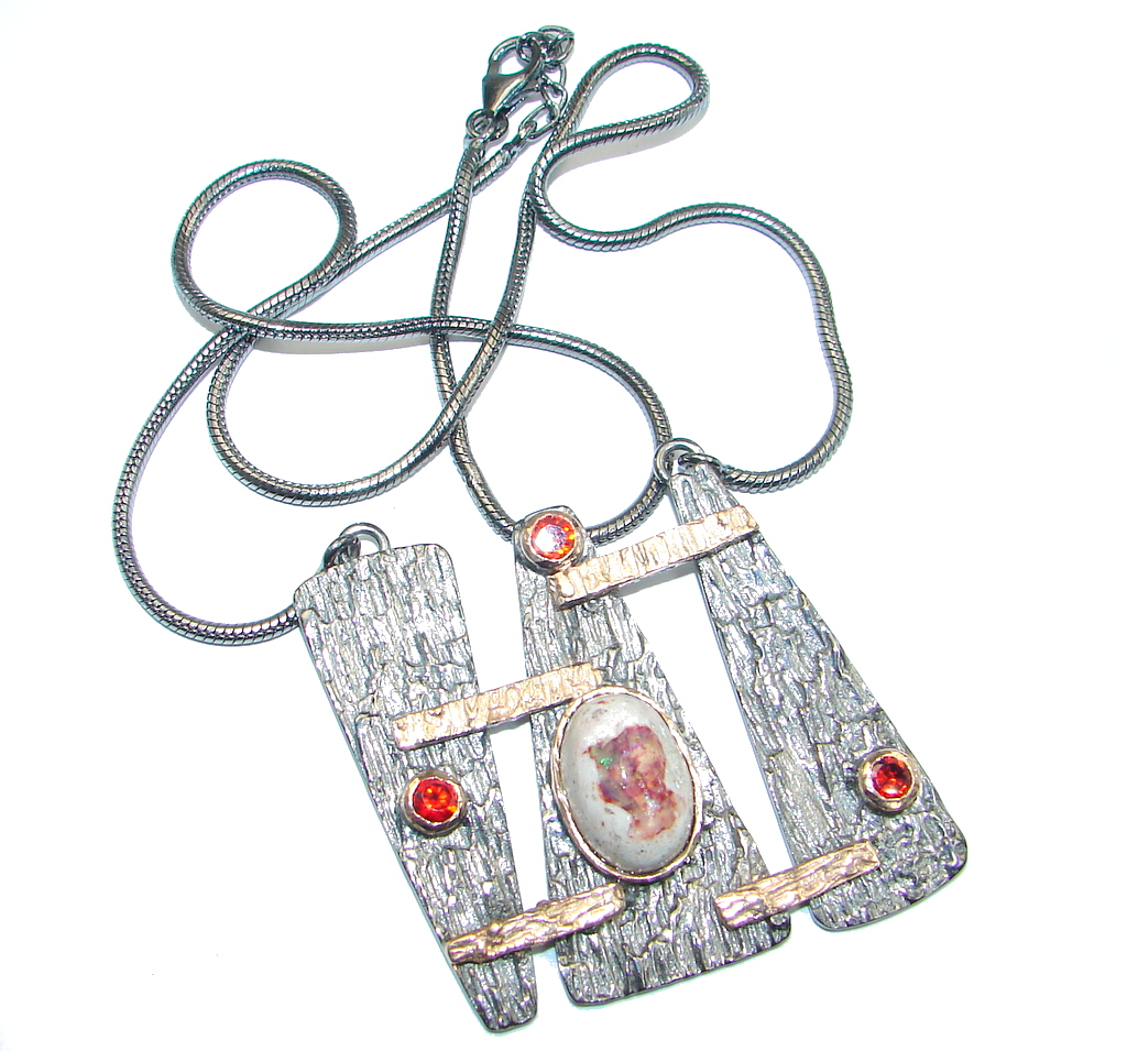 Great Mexican Fire Opal Garnet Gold Rhodium plated over Sterling Silver handmade Necklace