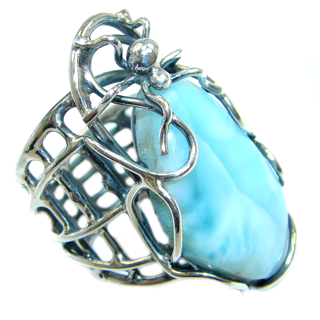 Large Spider's Web Larimar Sterling Silver handmade Ring size adjustable