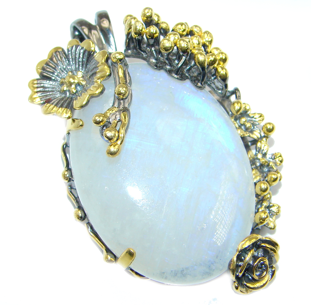 Floral Design Fire Moonstone Gold plated over Sterling Silver handmade Pendant