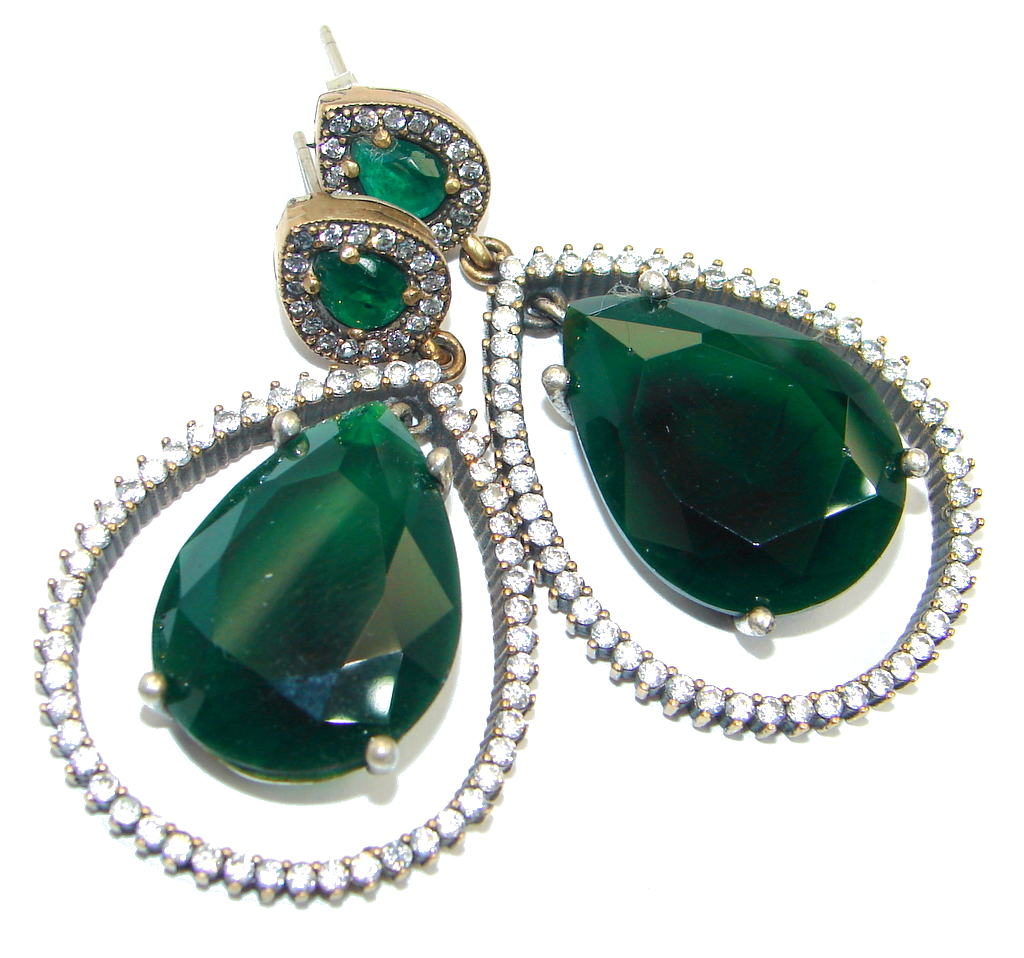 Large Victorian Style created Green Emerald Sterling Silver earrings