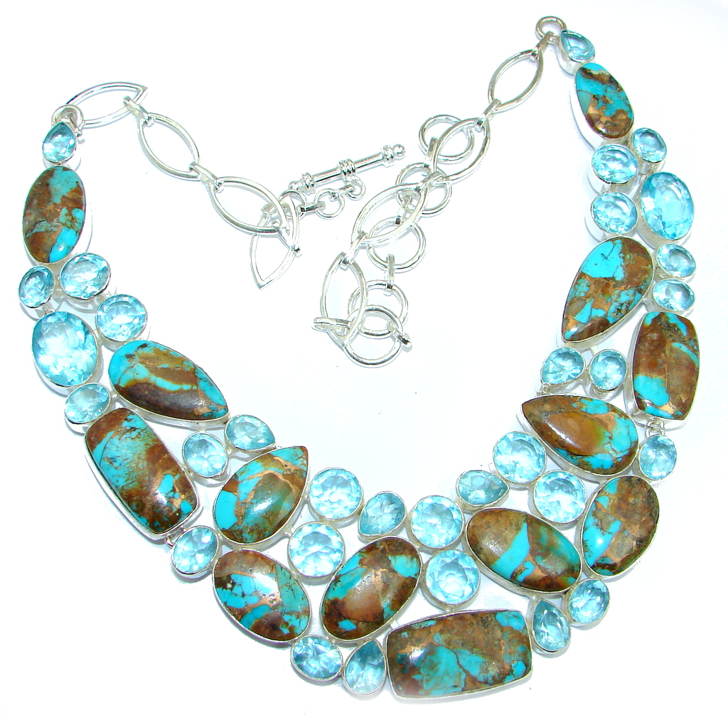 Huge Genuine Blue Turquoise with copper vains Sterling Silver handmade Necklace