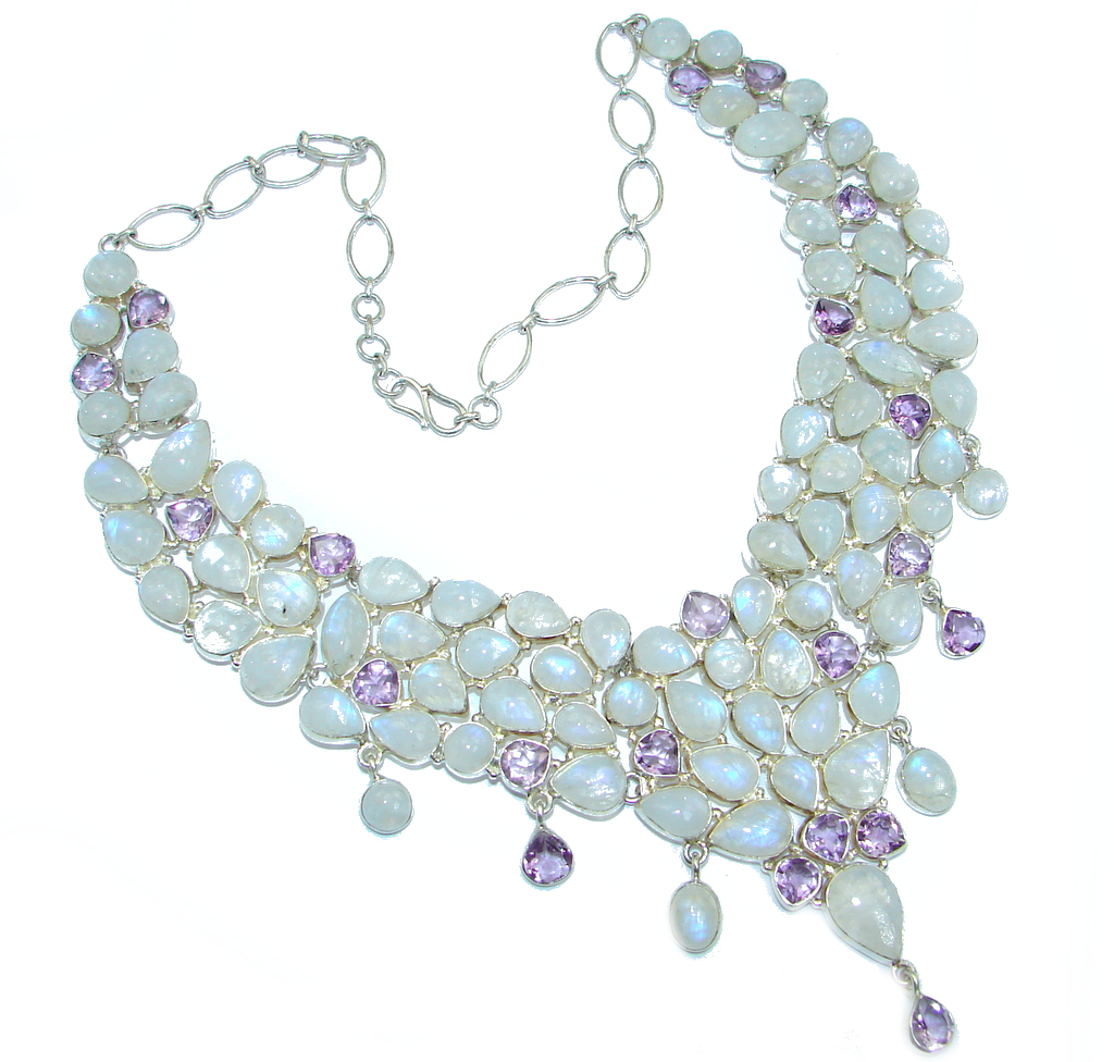 Heavenly White Fire Moonstone Amethyst Sterling Silver handcrafted necklace