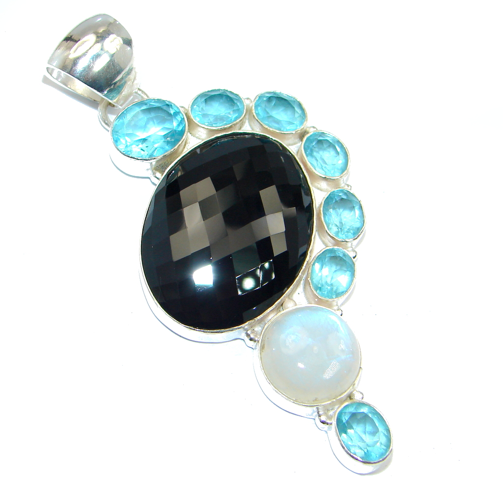 Huge Black Onyx Moonstone Sterling Silver handmade Pendant