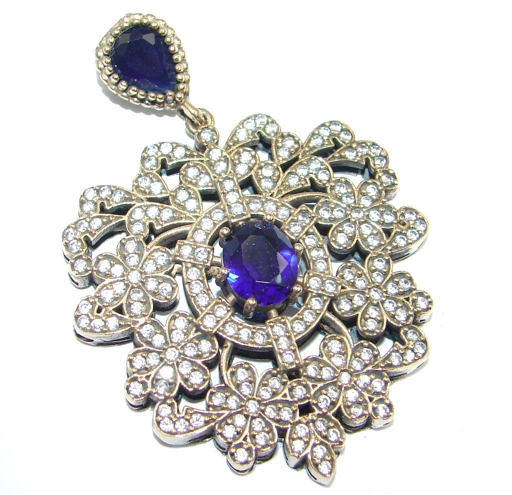 Victorian Style Created Blue Sapphire & White Topaz Sterling Silver Pendant