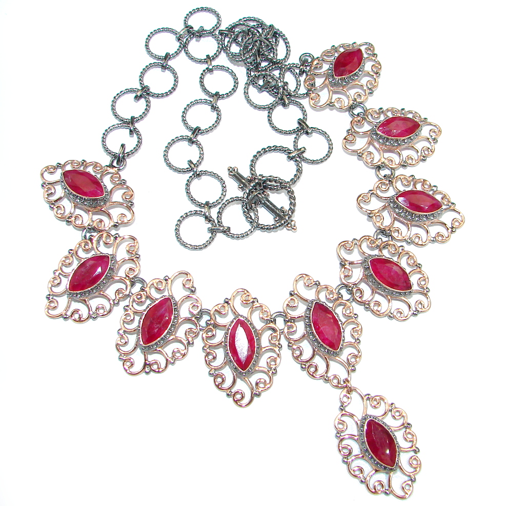Elegant natural Ruby Rose Gold Rhodium over Sterling Silver handmade necklace