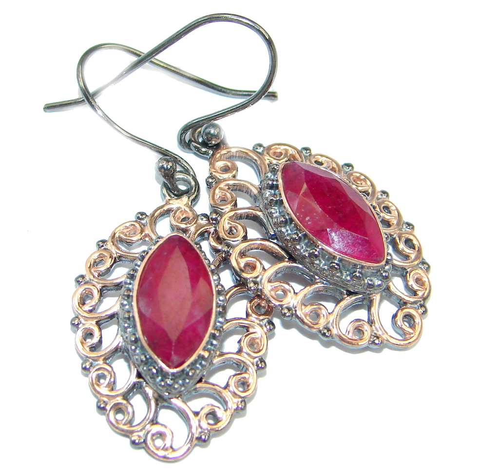 Victorian Style Red Ruby Rose Gold plated over Sterling Silver earrings