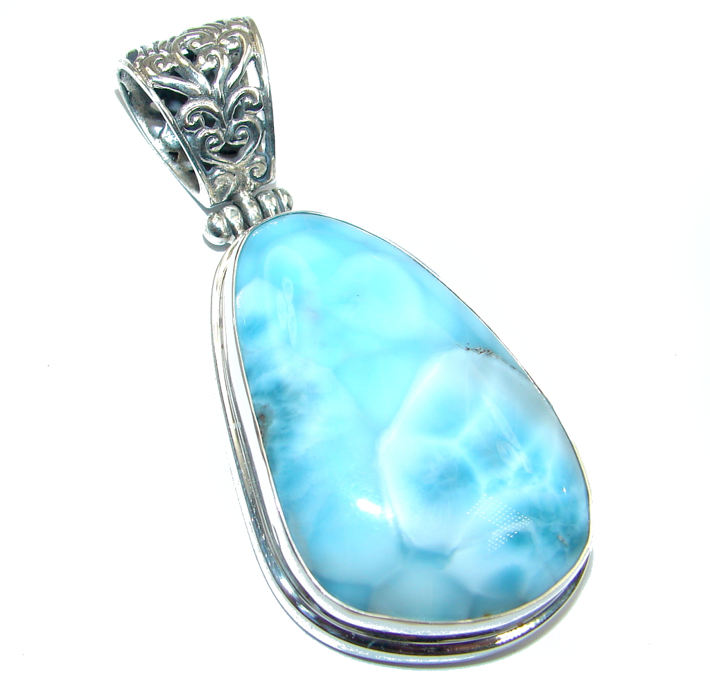 Big Vintge Style genuine Larimar Sterling Silver handmade Pendant