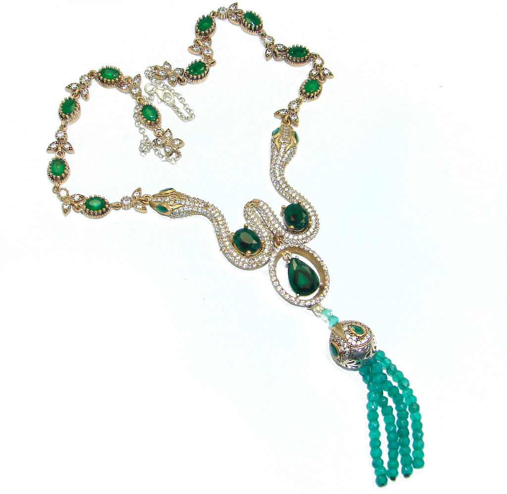Two Snakes Victorian Style created Emerald & White Topaz copper over Sterling Silver necklace