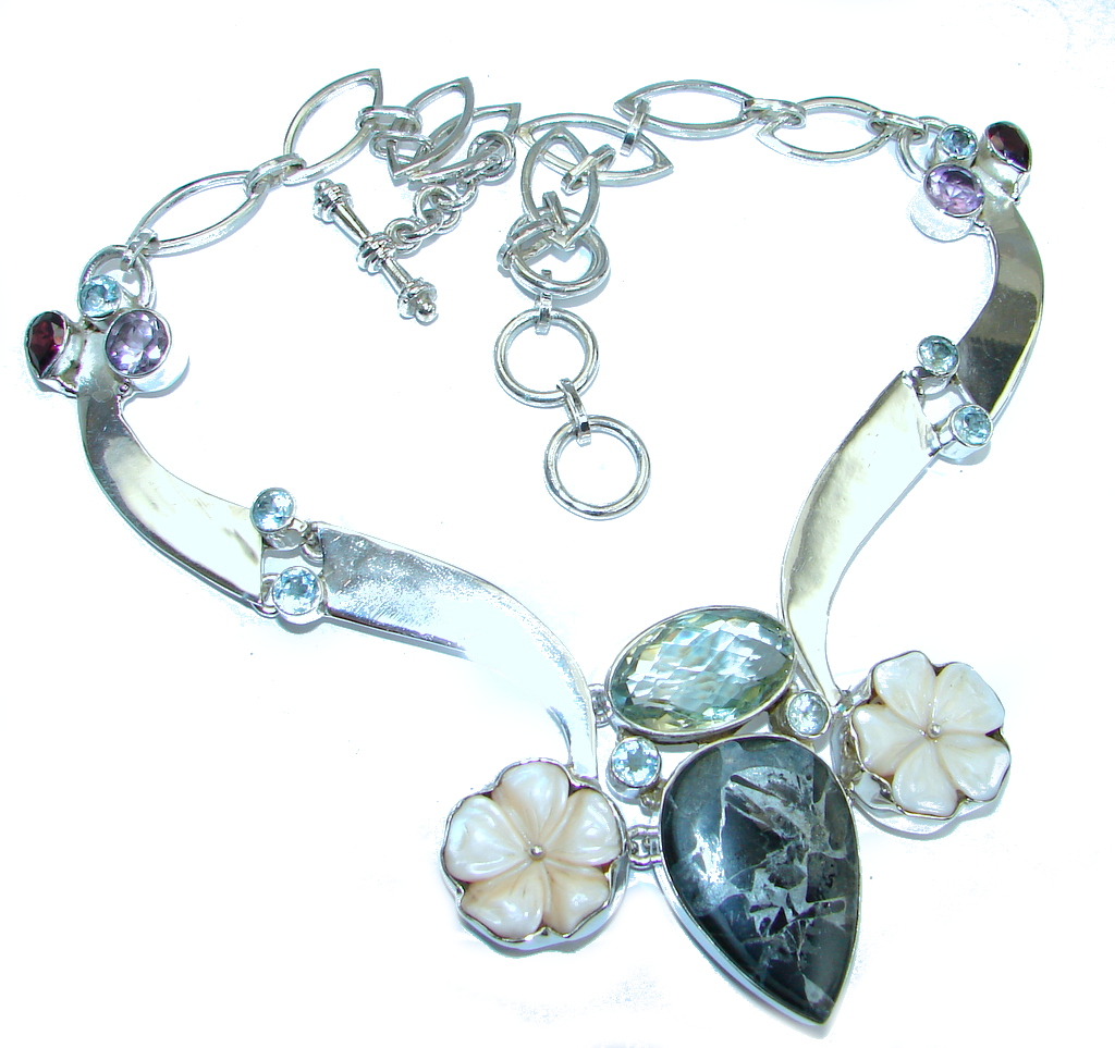 Bohemian Style Black Obsidian & Green Amethyst Sterling Silver necklace