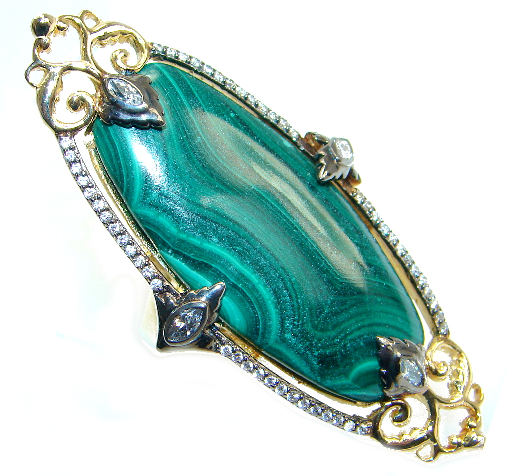 Beautiful Green Malachite & White Topaz Gold Plated Sterling Silver ring s. 7