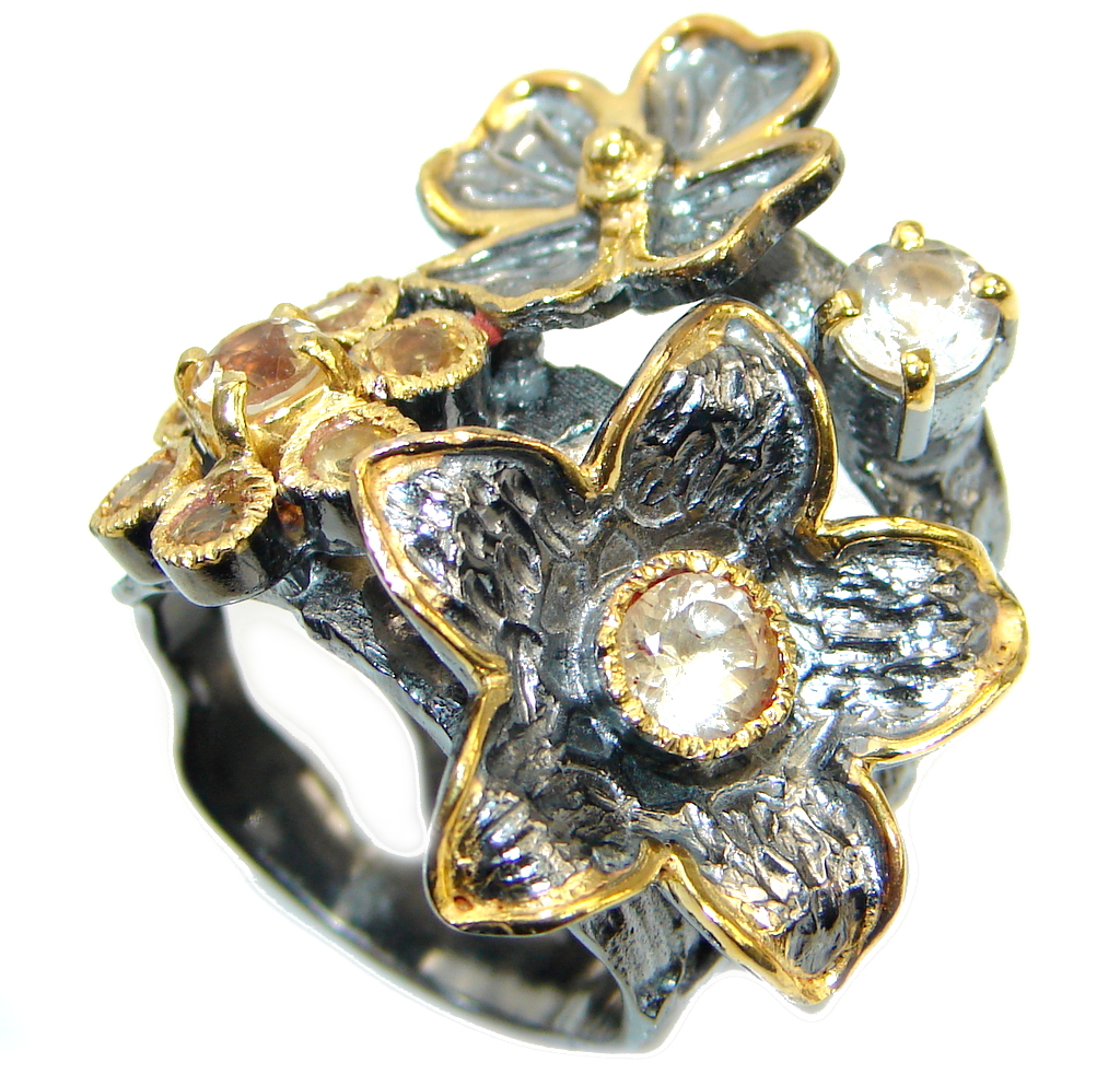 Bold Natural Citrine Rhodium Gold plated over Sterling Silver ring size 9 1/4