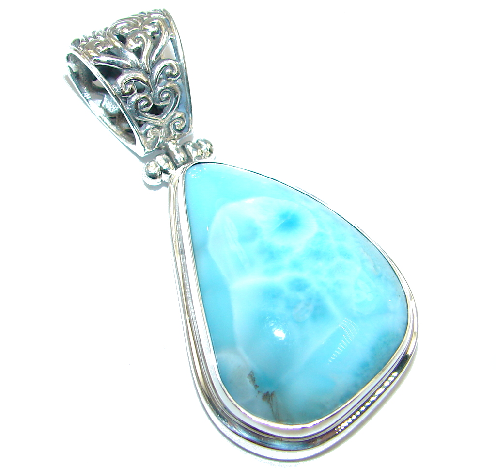 Big Vintge Style genuine Larimar Sterling Silver handmade Pendant