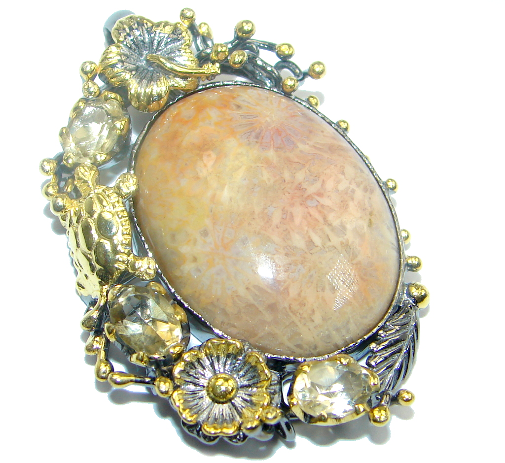 Authentic Natural Fossilized Coral Citrine Gold plated over Sterling Silver Pendant