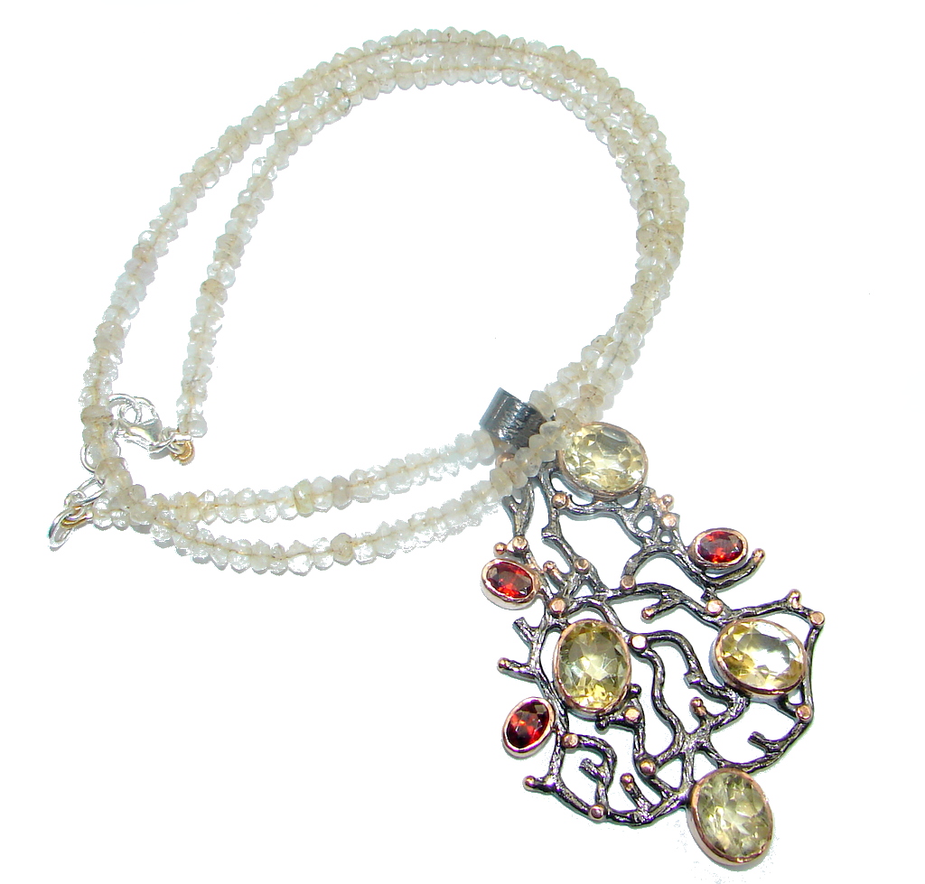One of the kind Exclusive natural Citrine Garnet Gold plated over Sterling Silver handmade Necklaces